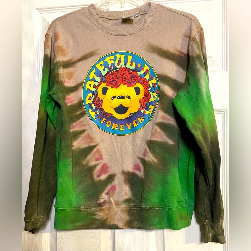 Grateful Dead Sweatshirt Green Tie Dye Dancing Bear Rose Crown Women's XS